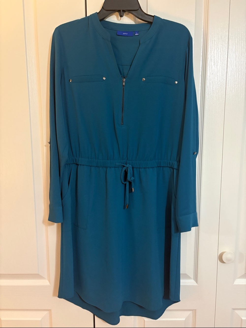 Apt. 9 Teal Drawstring Waist Versatile Sleeve Shirt Dress, size L